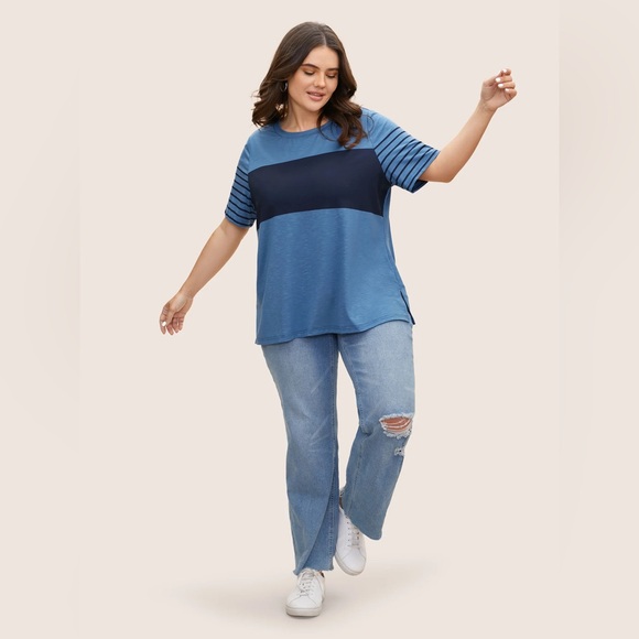 BloomChic | Striped Patch Work Contrast T-Shirt - Picture 3 of 7